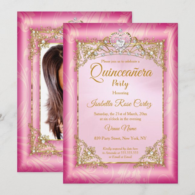 Quinceanera deep Pink Damask photo Gold Tiara Invitation (Front/Back)