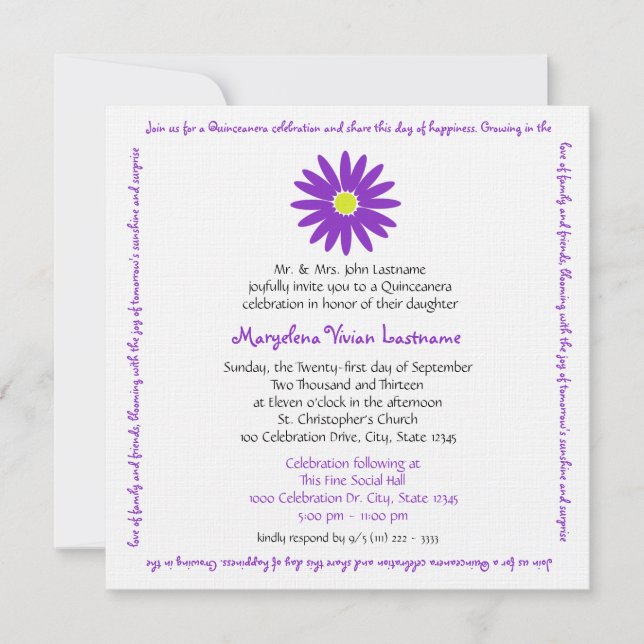 Quinceanera Delightful Daisy Message Text Purple Invitation (Front)