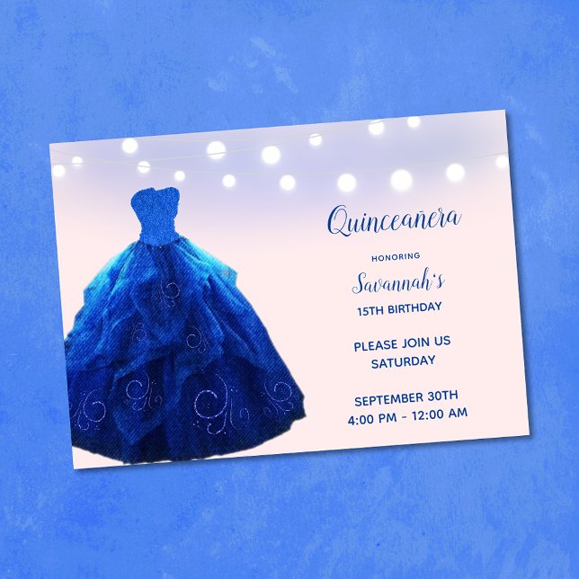 Quinceanera Denim Blue Blush String Lights Invitation (Creator Uploaded)