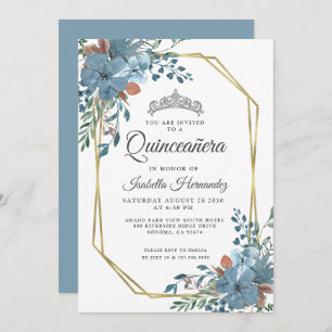 Quinceanera Dusty Blue Floral Gold Frame Invitation