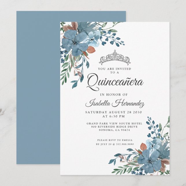Quinceanera Dusty Blue Floral Greenery Invitation (Front/Back)