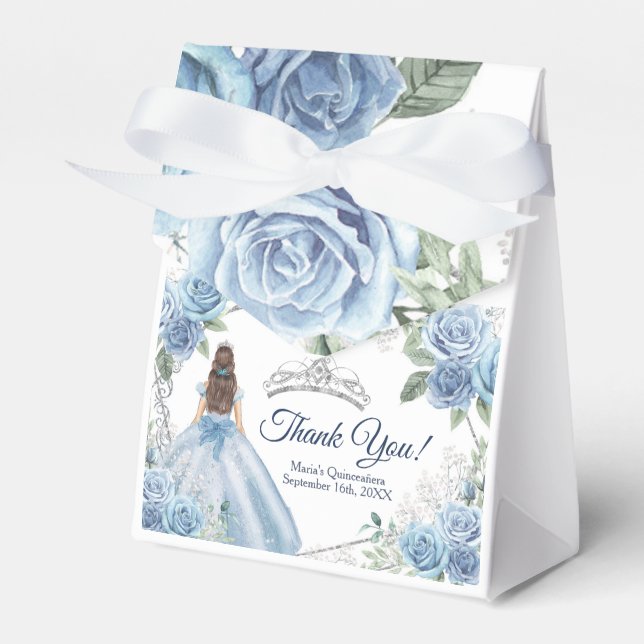 Quinceañera Dusty Blue Flowers Party Favour Box (Front Side)
