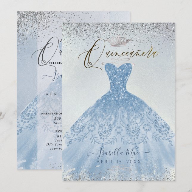 Quinceanera Dusty Blue+Silver Glitter Gown Invitation (Front/Back)