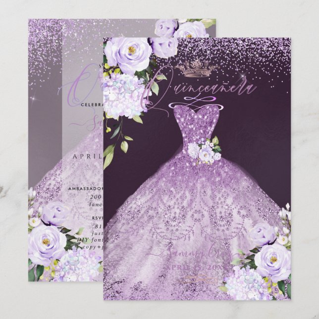 Quinceanera Dusty Lilac Purple Silver Glitter Gown Invitation (Front/Back)