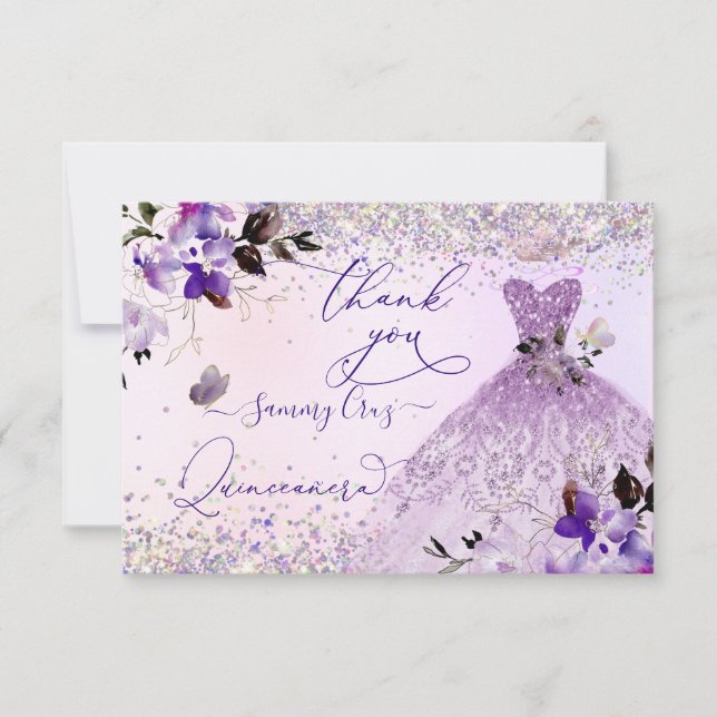 Quinceanera Dusty Lilac Purple Silver Glitter Gown Thank You Card (Front)