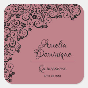 Quinceañera Dusty Pink and Black Square Sticker