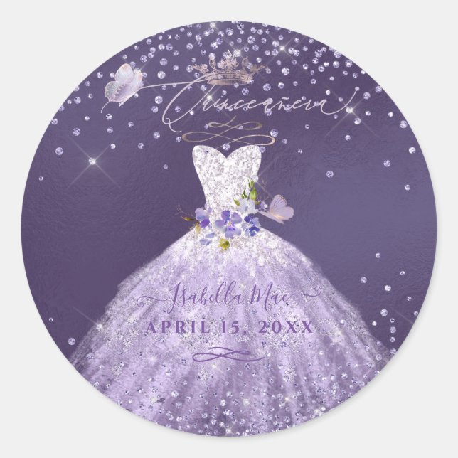 Quinceanera Dusty Purple Silver Glitter Gown Classic Round Sticker (Front)
