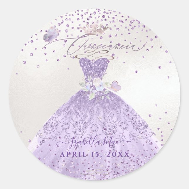 Quinceanera Dusty Purple Silver Glitter Gown Classic Round Sticker (Front)