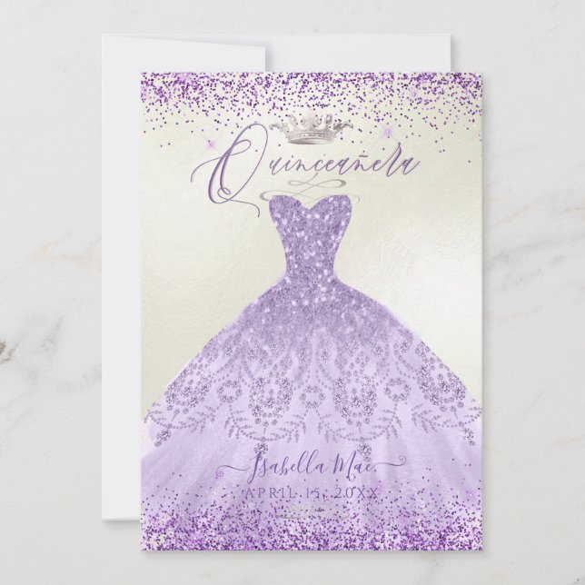 Quinceanera Dusty Purple Silver Glitter Gown Invitation (Front)