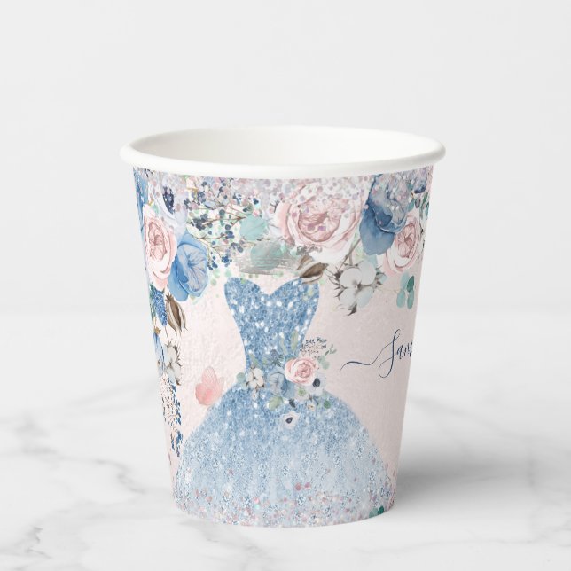 Quinceanera Dusty Rose Blue Peonies Flowers Paper  Paper Cups (Front)