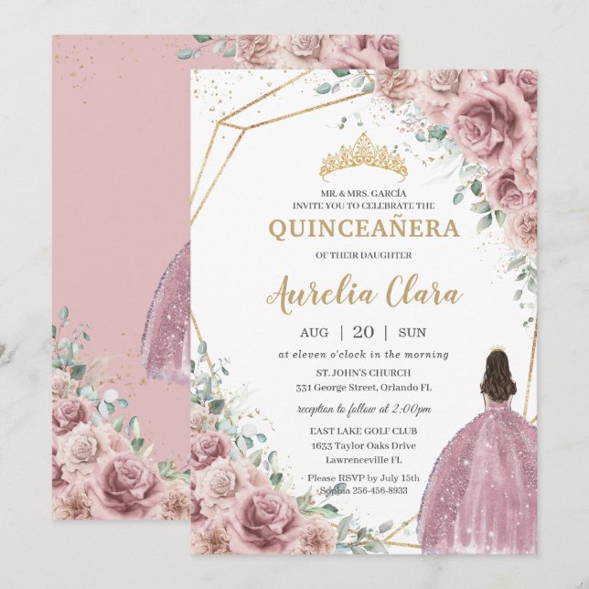 Quinceañera Dusty Rose Floral Princess Gown Gold Invitation (Front/Back)