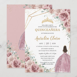 Quinceañera Dusty Rose Floral Princess Gown Gold Invitation