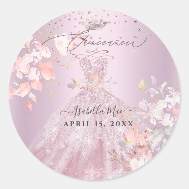 Quinceanera Dusty Rose  Glitter Gown Sweet Peas Classic Round Sticker (Front)