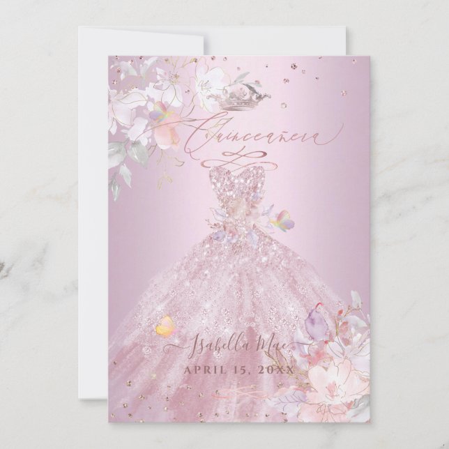Quinceanera Dusty Rose Glitter Gown Sweet Peas Invitation (Front)