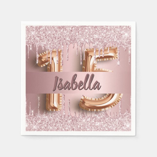 Quinceanera dusty rose pink glitter name napkin (Front)