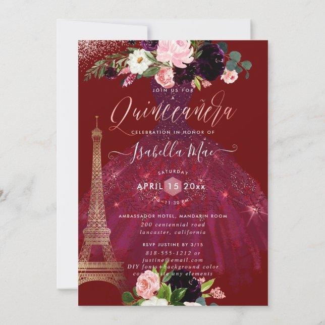 Quinceanera Eiffel Tower, Blush Burgundy Flowers Invitation (Back)