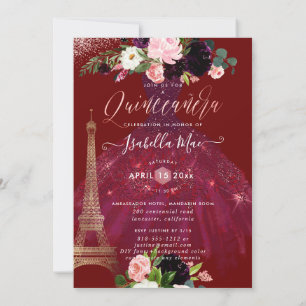 Quinceanera Eiffel Tower, Blush Burgundy Flowers Invitation