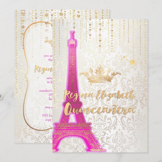 Quinceanera/Eiffel Tower/Parisian Princess/Purple Invitation (Front/Back)