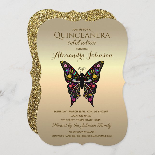 Quinceanera Elegant Black and Gold Invitation (Front/Back)