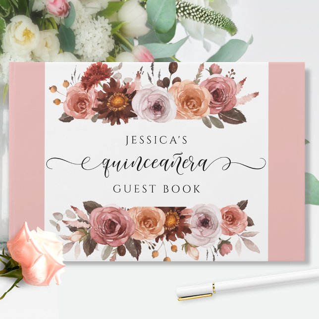 Quinceañera Elegant Blush Pink and Burgundy Floral Guest Book (Creator Uploaded)