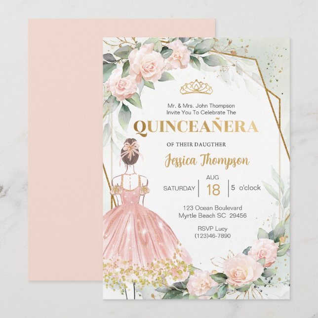 Quinceañera Elegant Blush Pink Gold Floral   Invitation (Front/Back)