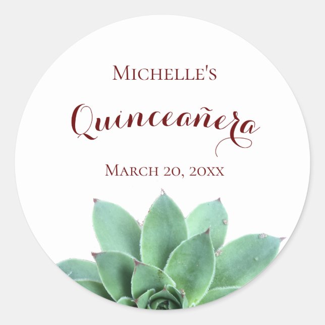 Quinceanera Elegant Botanical Succulent Classic Round Sticker (Front)