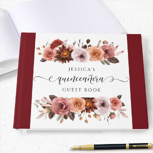Quinceañera Elegant Burgundy and Blush Floral Guest Book