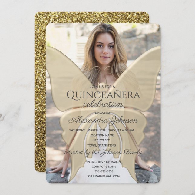 Quinceanera Elegant Butterfly Gold Glitter Photo Invitation (Front/Back)