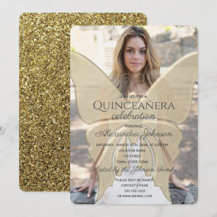 Quinceanera Elegant Butterfly Gold Glitter Photo Invitation