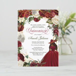 Quinceanera elegant charro burgundy white floral i invitation
