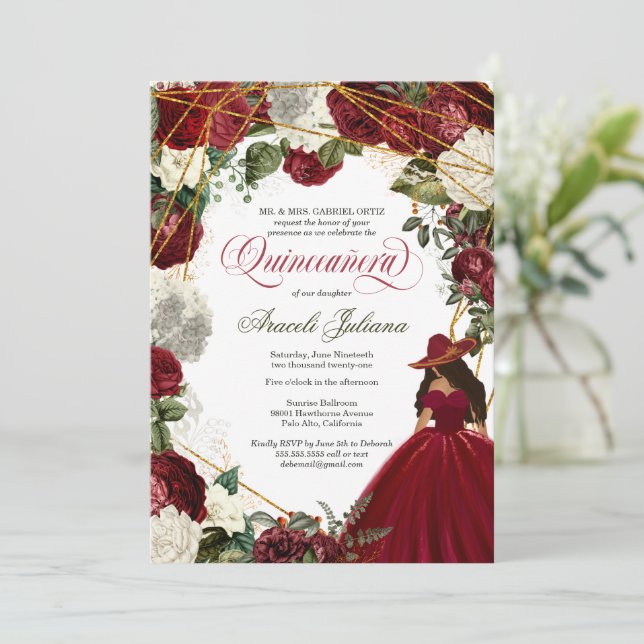 Quinceanera elegant charro burgundy white floral invitation (Standing Front)