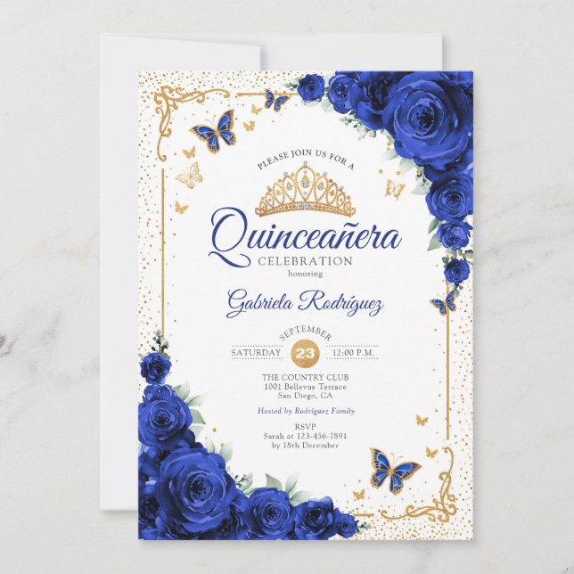  Quinceanera Elegant Chic Royal Blue Roses Gold Invitation (Front)
