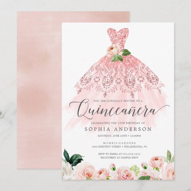 Quinceañera Elegant Floral Dress 15th Birthday Inv Invitation (Front/Back)