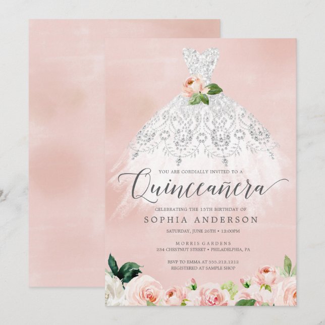 Quinceañera Elegant Floral Dress 15th Birthday Inv Invitation (Front/Back)