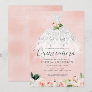 Quinceañera Elegant Floral Dress 15th Birthday Inv Invitation