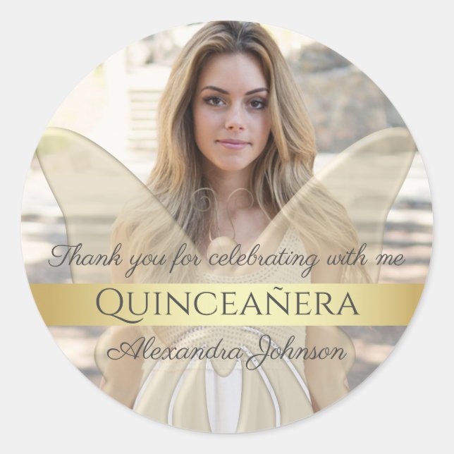 Quinceanera Elegant Gold Butterfly Photo Classic Round Sticker (Front)