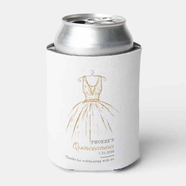 Quinceanera Elegant Gold Dress Script Birthday Can Cooler (Can Front)