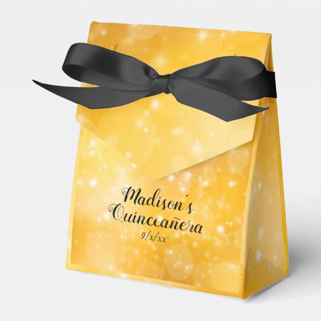 Quinceanera Elegant Gold, Sparkle Favour Box (Front Side)