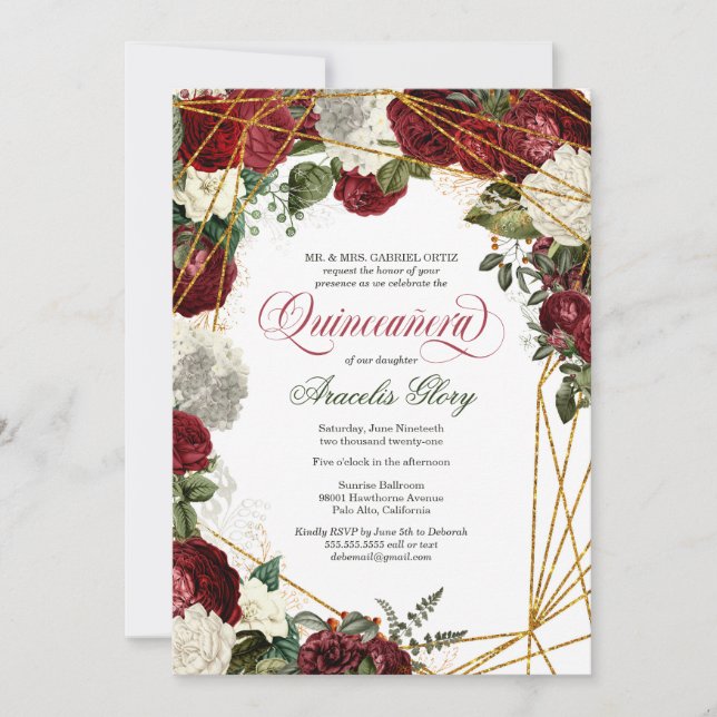 Quinceanera elegant green white burgundy floral invitation (Front)