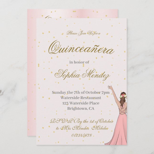 Quinceanera Elegant Pink Gold  Invitation (Front/Back)