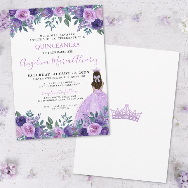Quinceañera Elegant Purple Flowers Invitation (Quinceañera Elegant Purple Flowers Invitation)