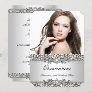 Quinceanera Elegant Silver White Diamond Photo 2 Invitation