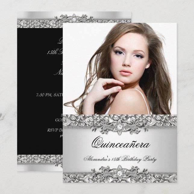 Quinceanera Elegant Silver White Diamond Photo Invitation (Front/Back)