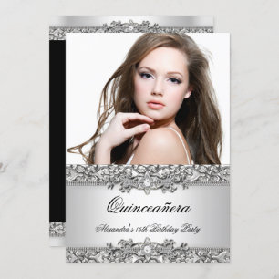 Quinceanera Elegant Silver White Diamond Photo Invitation