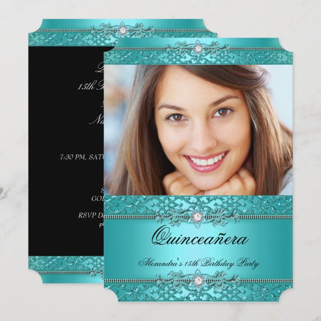 Quinceanera Elegant Teal Blue Diamond Photo Invitation (Front/Back)