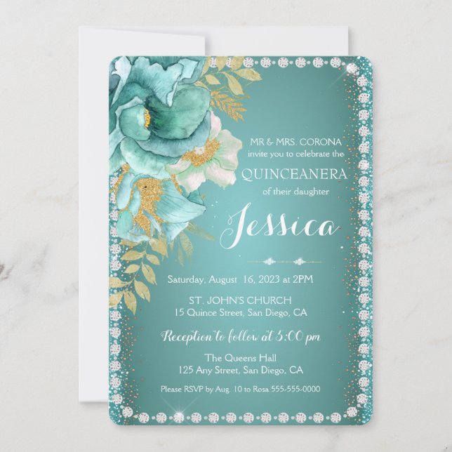 Quinceanera Elegant Teal Gold Floral Invitation (Front)