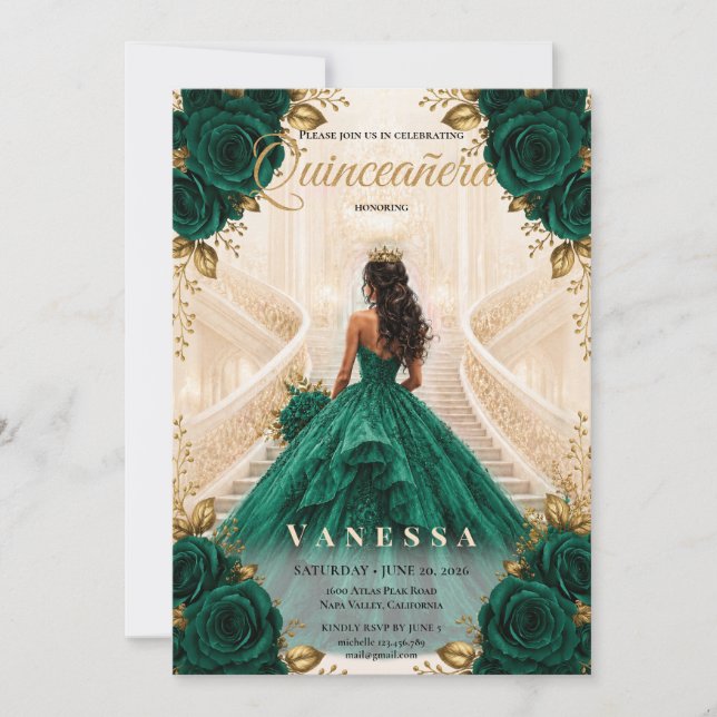 Quinceanera Emerald and Gold Invitation (Front)