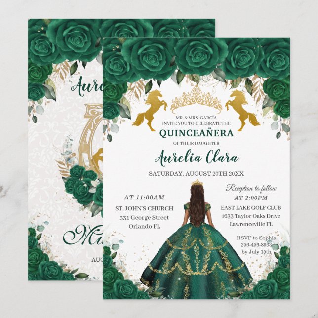 Quinceañera Emerald Floral Princess Gold Horses Invitation (Front/Back)