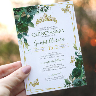Quinceañera Emerald Forest Green Gold Butterfly Invitation