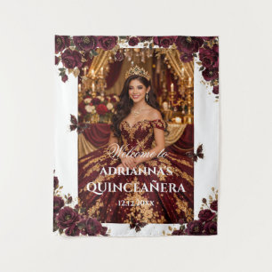 Quinceañera Emerald Gold Burgundy Roses Princess Tapestry